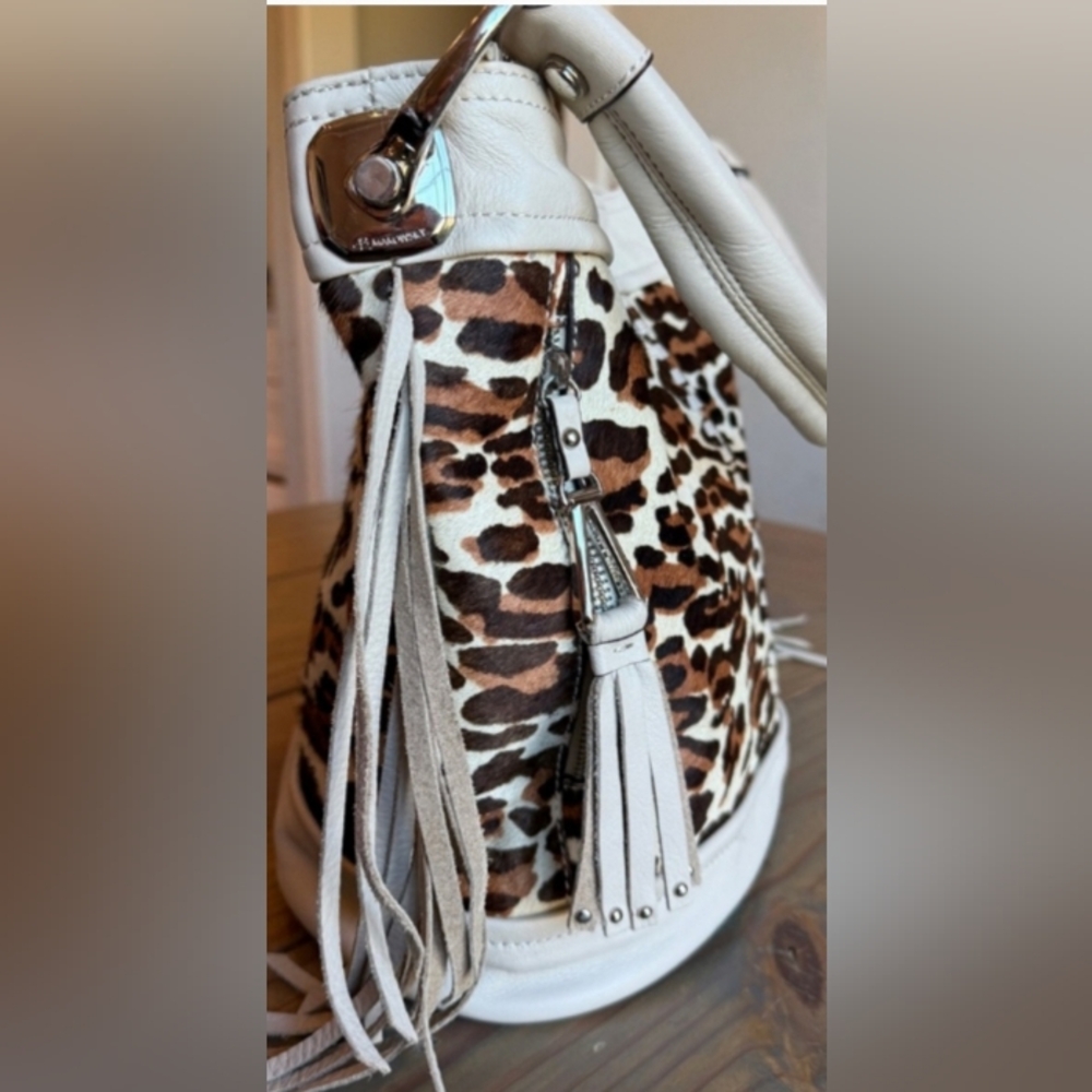 b. makowsky White and Brown Leopard-Print Hobo Bag